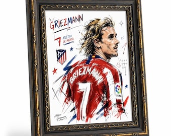 Framed Antoine Griezmann Atletico Madrid Wall Art, No.7 Football Sketch Canvas Print, Soccer Fan Bedroom Home Decor