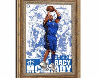 Framed Tracy McGrady Orlando Magic No.1 Wall Art, T-Mac Jump Shot Sketch Basketball Canvas Print, Sports Fan Bedroom Home Decor