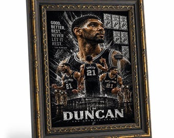 Tim Duncan Spurs framed canvas poster, five championship banners art print, basketball-themed men's lounge wall decoration.