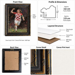 May include: Framed canvas print featuring a soccer player in a red and white jersey. The black frame has gold accents and measures approximately 1.5 inches wide and 1.1 inches deep. The layered structure includes a clear acrylic panel and MDF back panel.