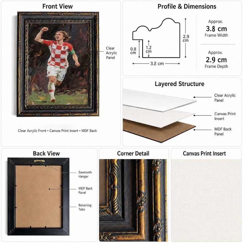 May include: Framed canvas print featuring a soccer player in a red and white jersey. The black frame has gold accents and measures approximately 1.5 inches wide and 1.1 inches deep. The layered structure includes a clear acrylic panel and MDF back panel.