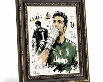 Framed Gianluigi Buffon Juventus Wall Art, Legend Goalkeeper Sketch Canvas Print, Sports Home Decor for Fans Bedroom