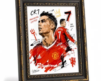 CR7 Cristiano Ronaldo framed wall art, Manchester United sketch canvas painting, sports home decor, suitable for bedrooms and living rooms.