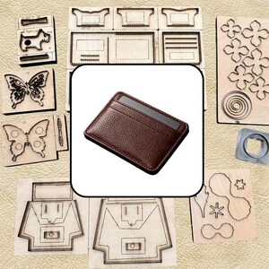 May include: A dark brown leather card holder with a textured surface and a single visible card slot. The card holder is centered against a background of various wooden cutting dies featuring shapes like butterflies, flowers, and geometric patterns.