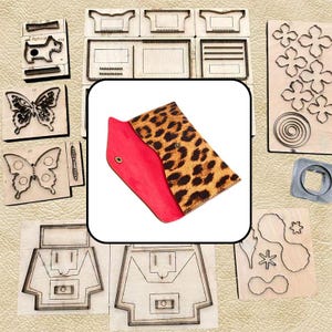 May include: A leopard print leather envelope clutch with a vibrant red interior lining and a gold-tone metal snap button closure. The clutch is displayed against a background of various wooden cutting dies used for leather crafting projects.