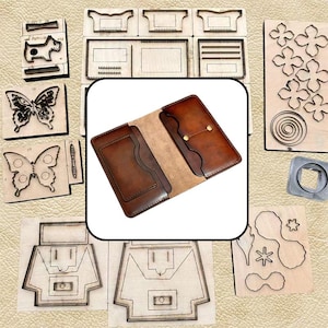 May include: A brown leather wallet with multiple card slots and a gold-tone metal fastener, surrounded by various wooden cutting dies featuring shapes like butterflies, flowers, and geometric patterns for leather crafting projects.