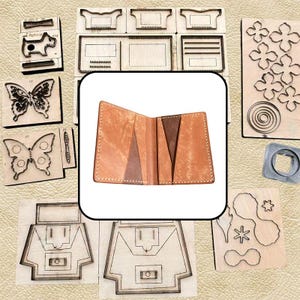 May include: A bi-fold leather wallet featuring a light tan exterior with darker brown triangular accents and visible white stitching, surrounded by various wooden cutting dies for leather crafting, including butterfly and floral shapes.