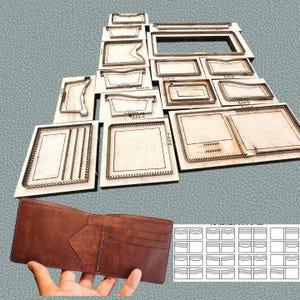 May include: A collection of wooden leather cutting dies with metal blades arranged in a grid, accompanied by a brown leather bifold wallet and a printed diagram showing various wallet interior configurations with card slots and bill compartments.