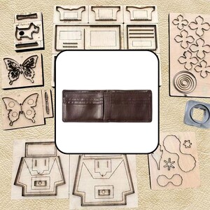 Puede incluir: Una cartera bifold de cuero marrón oscuro con múltiples ranuras para tarjetas y un compartimento central para billetes, presentada sobre un fondo de varios troqueles de madera con formas de mariposas, flores y patrones geométricos.