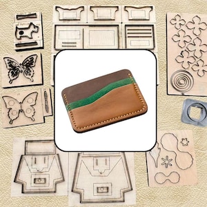 May include: A rectangular leather card holder featuring three horizontal layers in dark brown, green, and tan, stitched together with light-colored thread. The card holder is surrounded by various wooden cutting dies used for leather crafting projects.