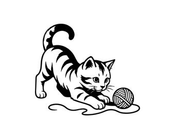 Cat Playing Yarn SVG PNG JPG: Cute Kitten Cricut Cut File, Black White Tattoo Style Pet Illustration For Cat Lovers Instant Download