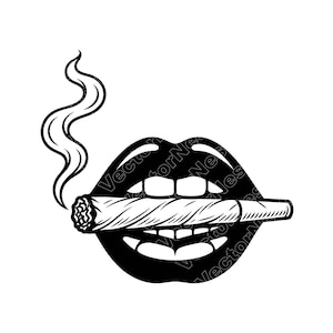 May include: Black and white illustration of glossy lips holding a lit rolled cigarette. Smoke curls upwards from the end of the cigarette. The image has a minimalist, graphic design style.