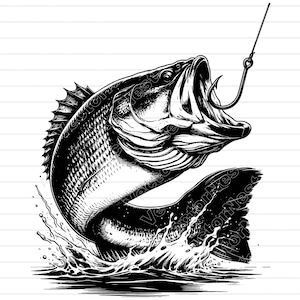 SVG de pesca de lubina, PNG de pez de boca grande, JPG, ilustración de lubina rayada, vector de pescador, diseño de anzuelo, arte de la vida en el lago, actividades al aire libre, descarga instantánea