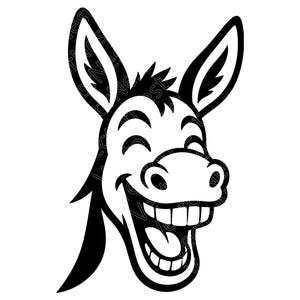 May include: A black and white cartoon illustration of a donkey's head. The donkey is smiling widely, showing its teeth. The image is a simple, graphic design, suitable for various applications.