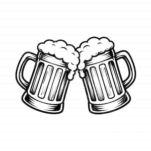 May include: A monochrome illustration of two beer tankards clinking. Each tankard is filled with frothy beer and has a handle. The tankards are angled towards each other, suggesting a celebratory toast.