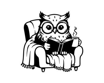 Reading Owl SVG PNG JPG: Cozy Book Lover Library Design, Commercial Use Teacher Clipart, Reading Nook Art, Bookworm Gift, Instant Download