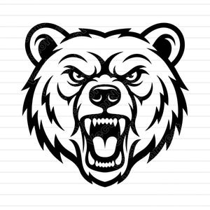 May include: A black and white illustration of a bear's head, showcasing an aggressive expression. The bear's mouth is open, revealing sharp teeth. The design features bold lines and a detailed depiction of the bear's fur.