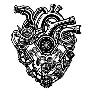 Puede incluir: Ilustración en blanco y negro de un corazón compuesto por piezas mecánicas, engranajes, pistones y turbocompresores. El diseño se asemeja a un motor, con detalles intrincados y un estilo gráfico audaz. Adecuado para temas automotrices o de ingeniería.