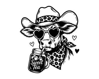Western Cow SVG PNG JPG: Retro Heifer With Sweet Tea, Southern Girl Graphic, Country Farmhouse Art, Summer Clipart, Instant Download