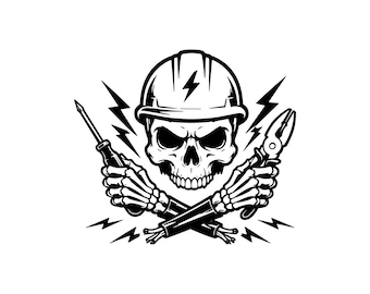 Electrician Skull Mascot SVG PNG JPG: Lineman Hard Hat Tool Design, Industrial Contractor Logo, Instant Download