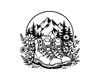 Hiking Boots Mountain SVG PNG JPG: Wildflower Forest Scene, Adventure Hiking Graphic, Nature Lover Outdoorsy Art, Instant Download