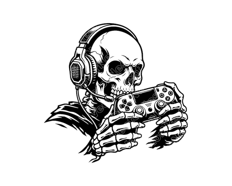 Gamer Skeleton SVG, Gaming Controller PNG, JPG, Skull Headset Illustration, Video Game Vector, Esports Design, Skeleton Instant Download