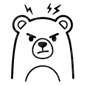 Puede incluir: Ilustración de dibujos animados en blanco y negro de la cara de un oso enfadado. El oso tiene el ceño fruncido, una nariz pequeña y un gesto de enfado. Dos rayos están encima de la cabeza del oso, indicando enfado o frustración.