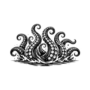 May include: A black and white illustration of octopus tentacles emerging from water. The tentacles are detailed with suckers and are in a dynamic, swirling arrangement, suggesting movement. The image is set against a clean white background.
