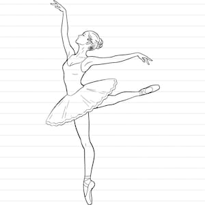 May include: A black and white line drawing of a ballerina in a graceful pose. She is wearing a tutu and pointe shoes, with one leg extended and arms raised. The image captures the elegance and fluidity of ballet.