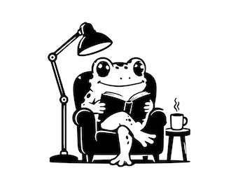 Reading Frog SVG PNG JPG: Cozy Bookworm Library Decor, Whimsical Animal Illustration for Cricut, Dark Academia Aesthetic, Instant Download