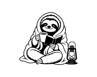 Cozy Sloth Reading Book SVG PNG JPG: Whimsical Hygge Animal, Cute Bookworm Clipart, Commercial Use Craft Design, Instant Download