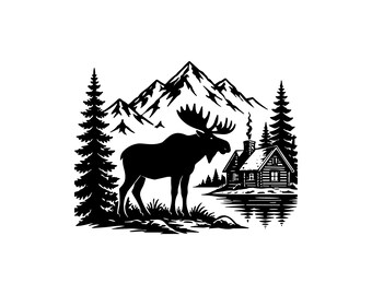 Mountain Moose SVG PNG JPG: Rustic Log Cabin Forest Scene, Wilderness Nature Graphic, Lake Life Outdoorsy Art, Instant Download