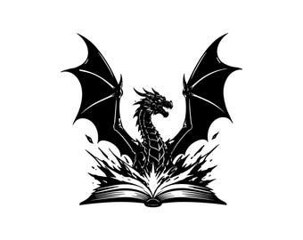 Fantasy Dragon Book SVG PNG JPG: Mythical Creature Emerging From Open Story, Literary Reader Graphic, Library Art, Instant Download