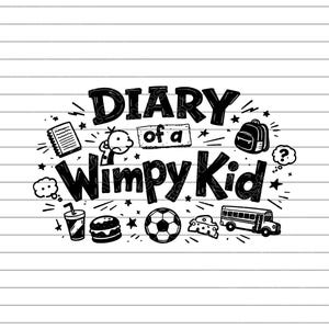 May include: Black and white illustration of the text "Diary of a Wimpy Kid" with associated imagery. Includes a notebook, a cartoon character, a backpack, a thought bubble, a drink, a hamburger, a soccer ball, cheese, and a school bus.