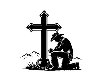 Praying Cowboy SVG PNG JPG: Religious Western Art, Christian Cross Cut File, Kneeling Man Silhouette, Faith Stencil, Instant Download