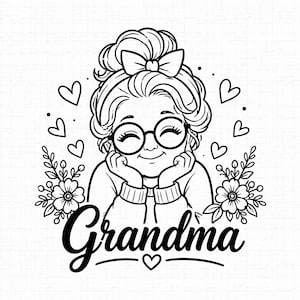 Könnte beinhalten: Schwarz-Weiß-Illustration einer lächelnden Frau mit Brille, die ihre Hände unter dem Kinn hat. Das Wort "Oma" ist darunter in Schreibschrift geschrieben, mit Herzen und floralen Akzenten.
