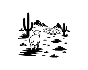 Desert Sheep SVG PNG JPG: Minimalist Lamb Art, Lone Sheep Cut File, Western Landscape Scene, Christian Wall Art Decor, Instant Download