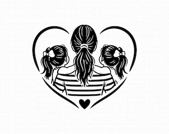 Ilustração vetorial de mãe e duas filhas em SVG, PNG e JPG: Mãe com duas filhas, design "Mamãe de Meninas", amor familiar, arquivo de corte para silhueta, download instantâneo.