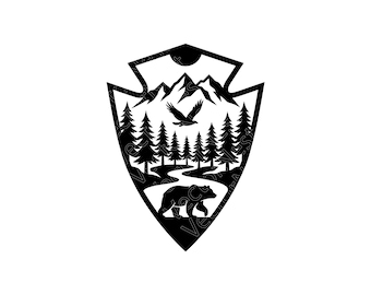 Arrowhead Mountain SVG, Grizzly Bear PNG, JPG, National Park Illustration, Forest Vector, Wilderness Badge Design, Digital Instant Download