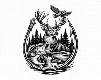Hunting and Fishing SVG PNG JPG: Buck Bass Duck Design, Outdoorsman Gift, Hunter Shirt Vector, Fisherman Cut File, Instant Download
