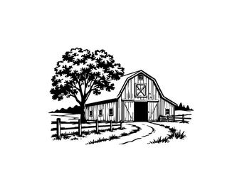 Rustic Barn SVG PNG JPG: Farmhouse Scenery, Country Landscape Cut File, Vintage Farm Sketch, Digital Stencil Art, Instant Download