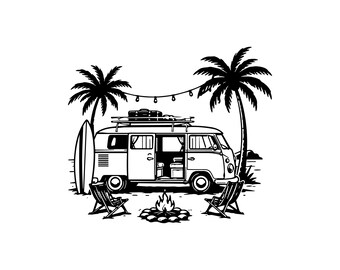 Retro Surf Van SVG PNG JPG: Tropical Beach Camping, Vintage Summer Vacation, Coastal Adventure Sublimation, Commercial Use, Instant Download