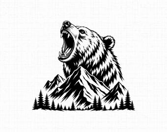 Grizzly Bear SVG PNG JPG: Roaring Bear Mountain Design, Wilderness Forest Vector, Adventure Cut File, Hunting Shirt Design, Instant Download