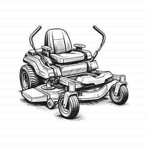 May include: Black and white illustration of a zero-turn riding lawn mower. The mower features a seat, armrests, and a cutting deck. The large rear tires and smaller front wheels are visible, along with the control handles.