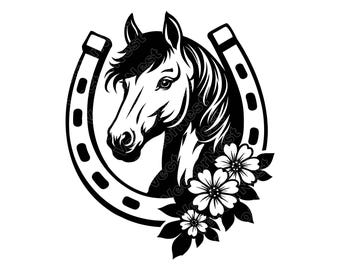 Horse Horseshoe SVG, Floral Stallion PNG, JPG, Equestrian Illustration, Farm Animal Vector, Western Flower Design, Art, Instant Download