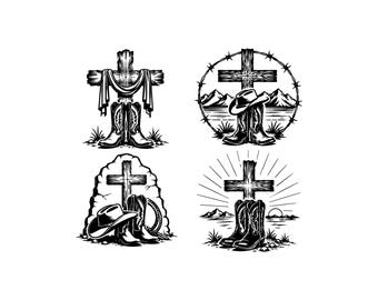 Western Cowboy Cross SVG PNG JPG: Christian Boots Bundle, Commercial Use Religious Vector, Country Memorial Graphics, Instant Download