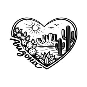 May include: Black and white Arizona-themed graphic within a heart shape. The design features a desert landscape with cacti, mountains, a sun, and the word "Arizona" in a cursive font. The illustration is a detailed, linework style.
