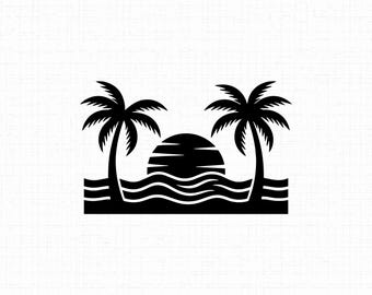 Beach Sunset SVG PNG JPG: Palm Tree Design, Tropical Island Vector, Summer Vacation Shirt, Coastal Ocean Cut File, Instant Download