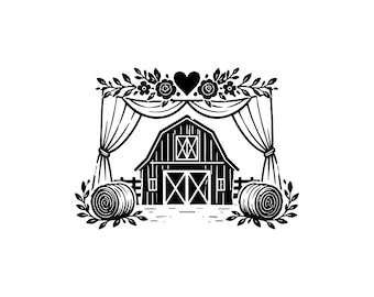 Rustic Barn Wedding SVG PNG JPG: Country Farmhouse Scene, Floral Marriage Arch, Hay Bale Clipart, Woodcut Art, Instant Download