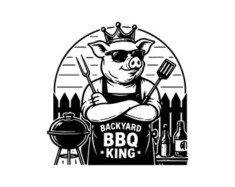 Backyard BBQ King SVG Png JPG: Funny Pig Grilling, Grill Master Cut File, Pitmaster Gift, Smoker Bbq Graphic, Apron Art, Instant Download
